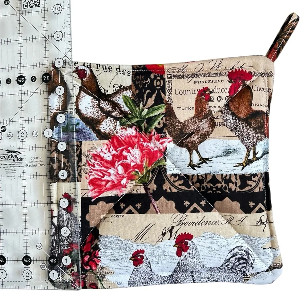 Hand Crafted Farmhouse Red Roosters Potholders Set Fabric Hot Mats Trivet